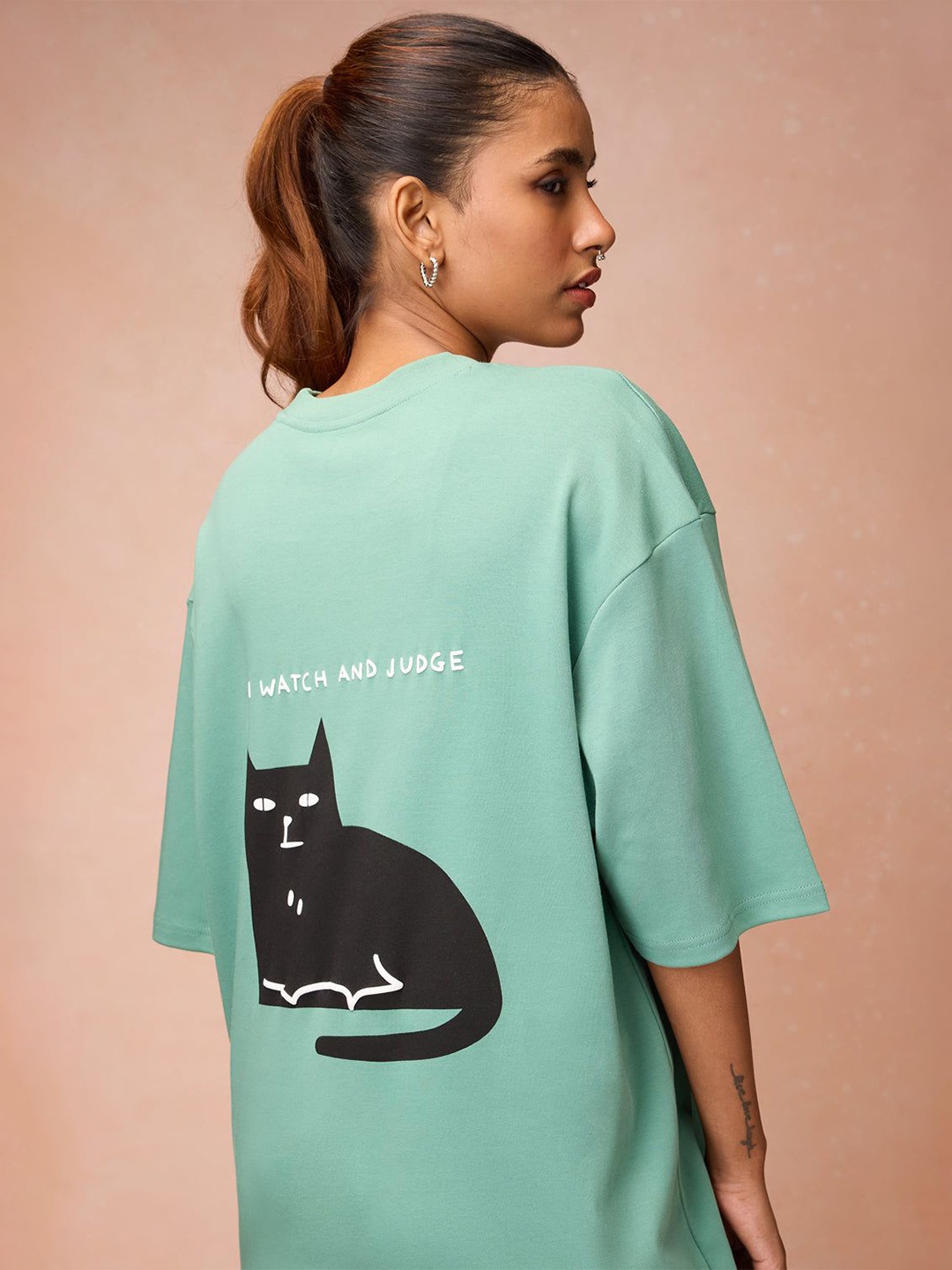 

FREAKINS Women Graphic Printed Round Neck Oversized T-shirt, Green