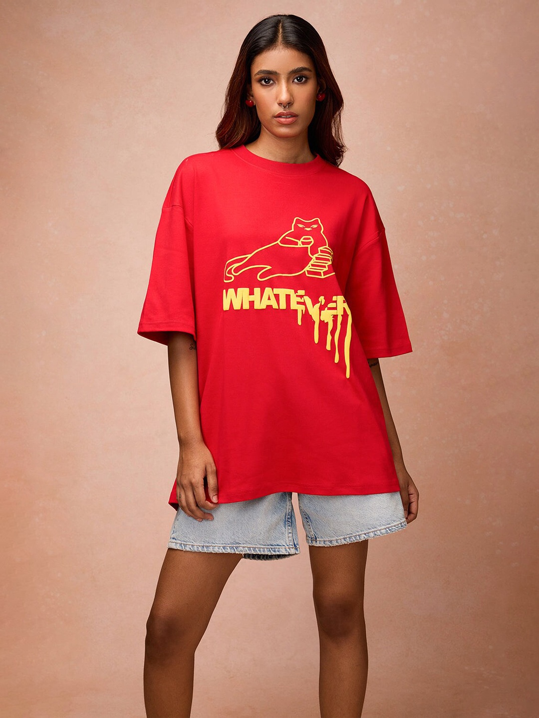 

FREAKINS Women Graphic Printed Cherry Red Round Neck Oversized T-shirt
