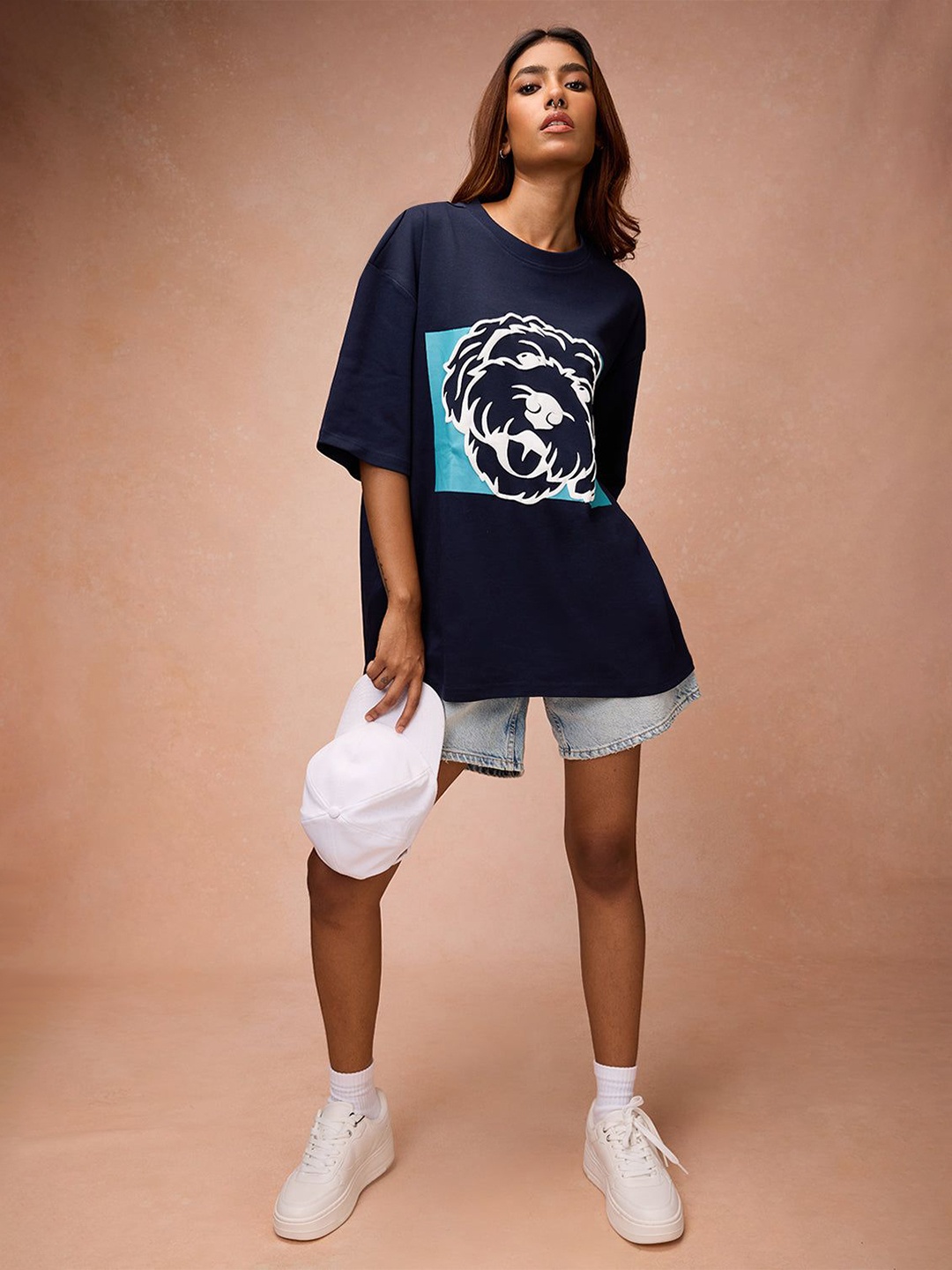 

FREAKINS Women Graphic Printed Round Neck Oversized T-shirt, Navy blue