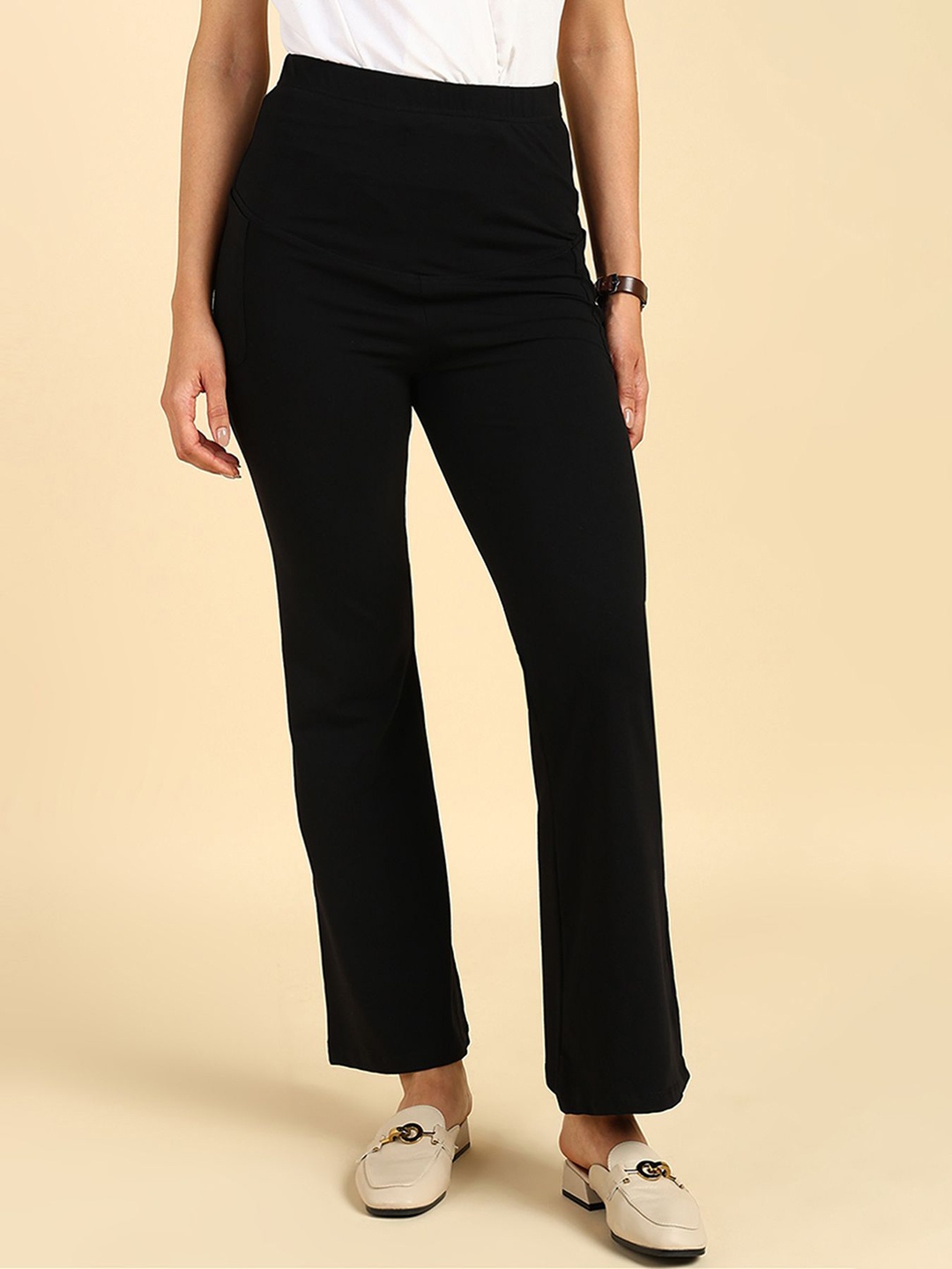 

House Of Zelena Women Comfort Flared Chinos Trousers, Black