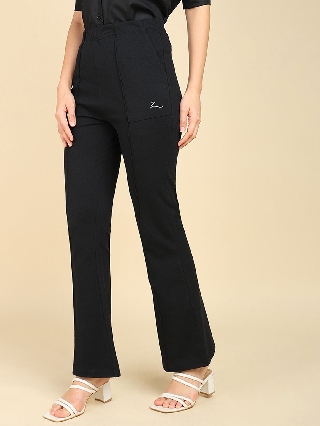 

House Of Zelena Women Comfort Mid-Rise Flared Trousers, Black