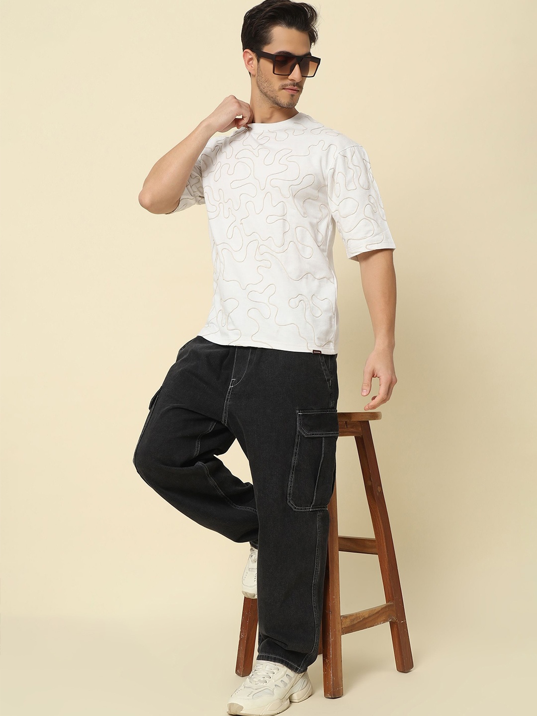 

PockMAN Men Self Design Cotton Oversized Fit Bio Finish T-shirt, White
