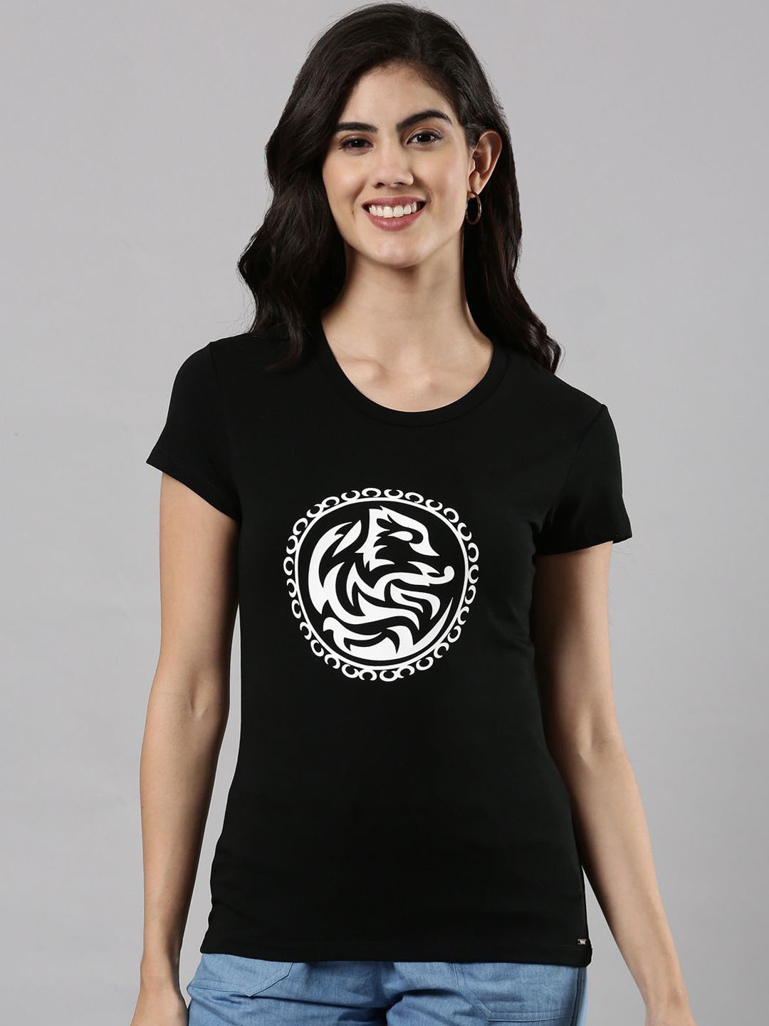 

Femmora Women Printed Comfortable Fit Round Neck T-Shirt, Black