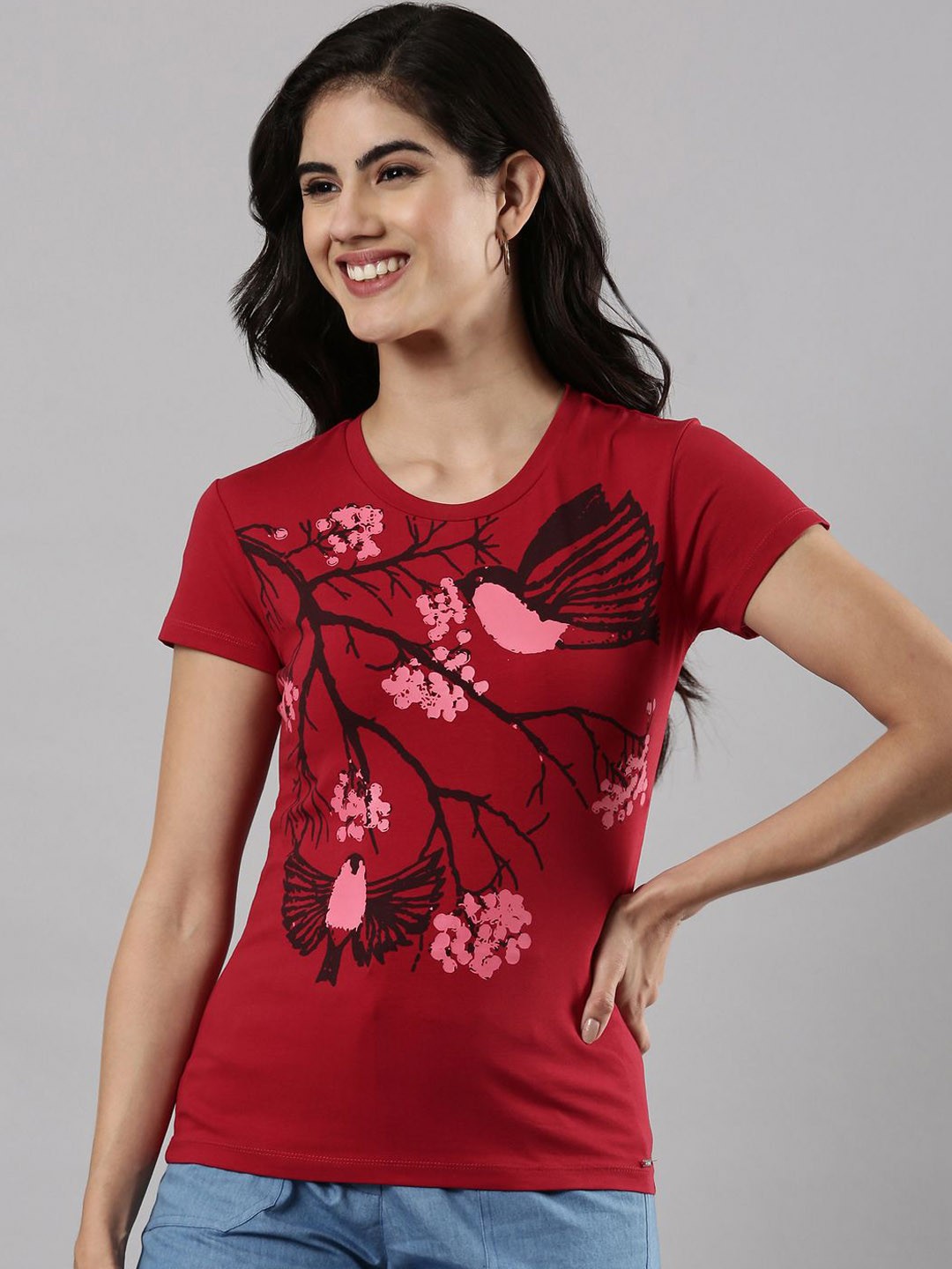 

Femmora Women Graphic Printed Round Neck T-shirt, Maroon