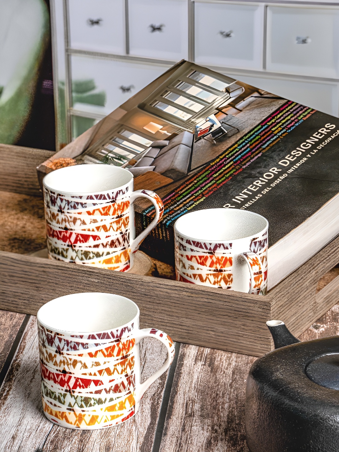 

GOODHOMES White & Orange Printed Bone China Glossy Mugs Set of Cups and Mugs