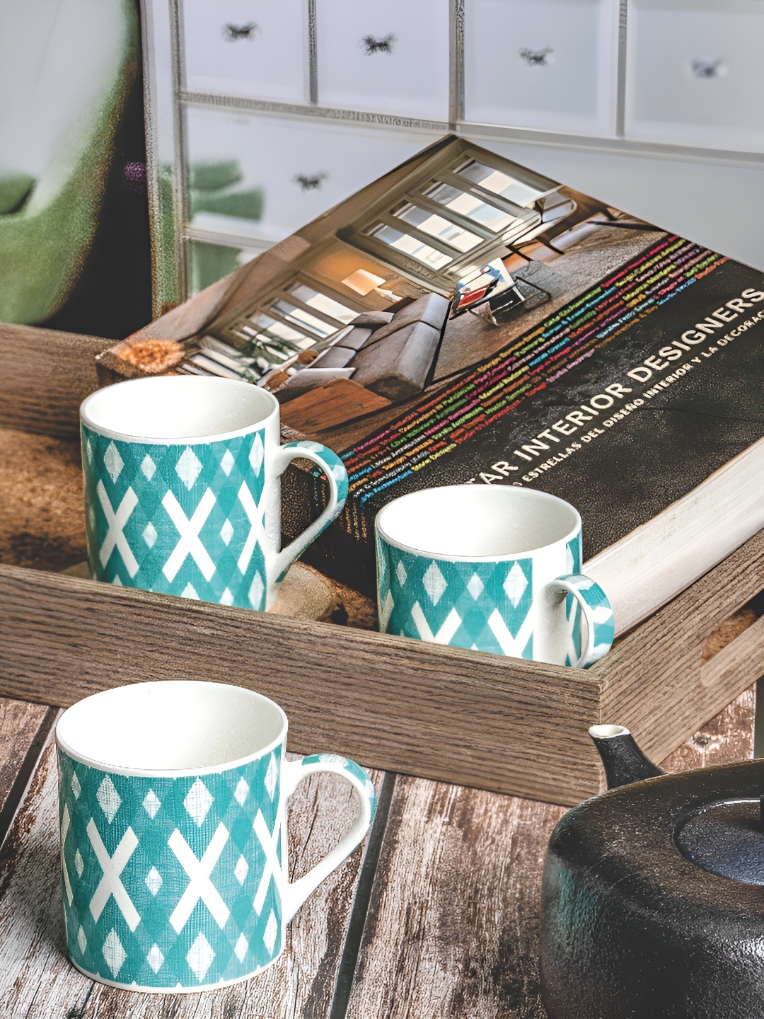 

GOODHOMES White & Blue Printed Bone China Glossy Mugs Set of Cups and Mugs