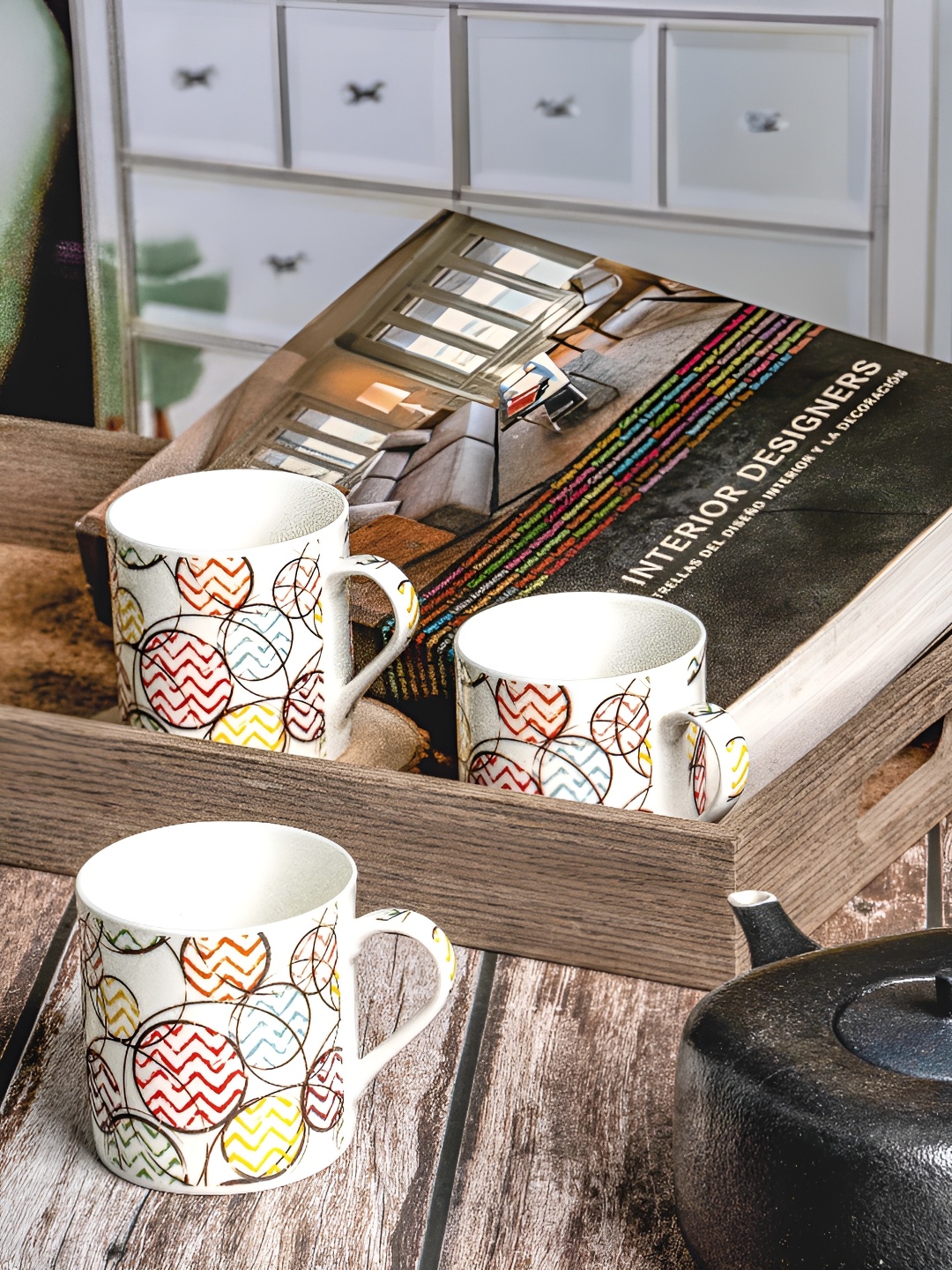 

GOODHOMES White & Red Printed Bone China Glossy Mugs Set of Cups and Mugs