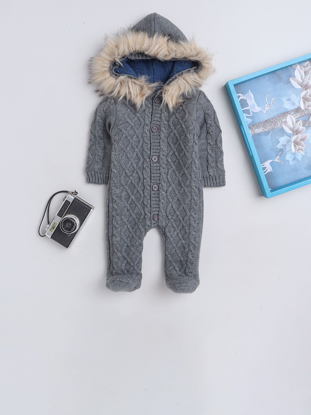 

Yellow Apple Infants Woolen Full Sleeve With Inner Fleece Hooded Sleepsuit, Grey