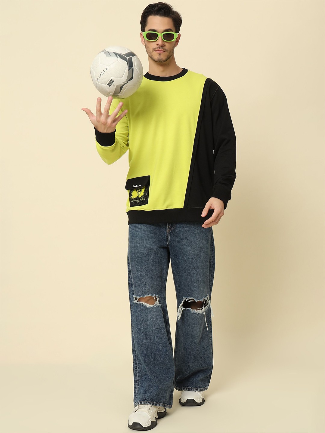 

PockMAN Men Colorblocked Round Neck Pillover Sweatshirt, Lime green