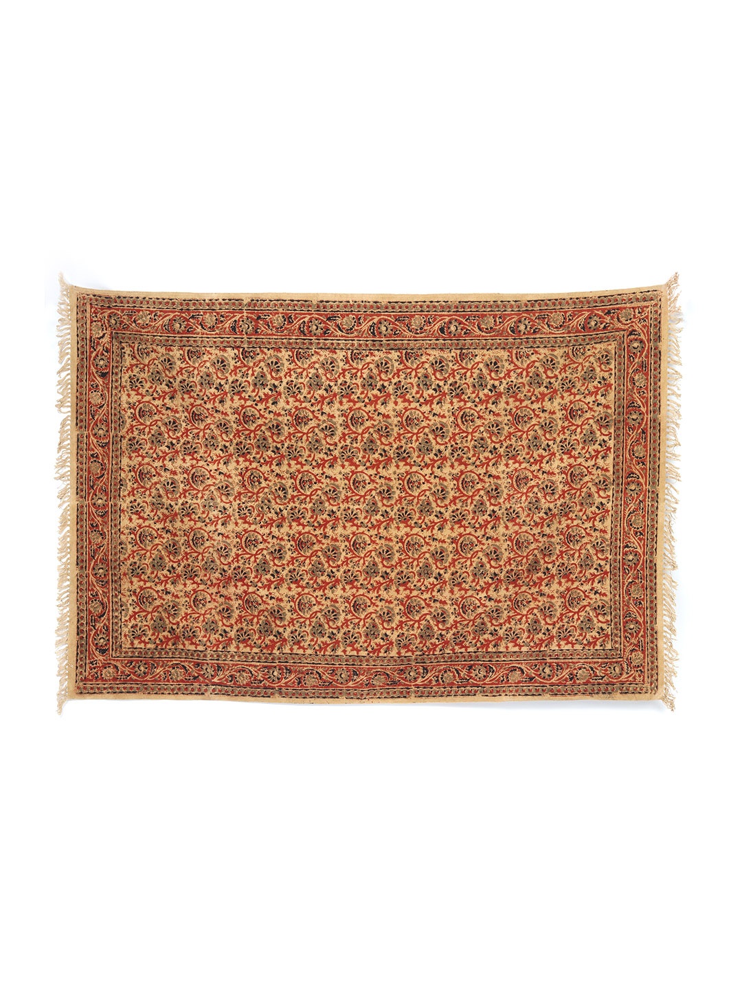 

Exotic India Kalamkari Jute Dhurrie with Printed Floral Vines, Beige