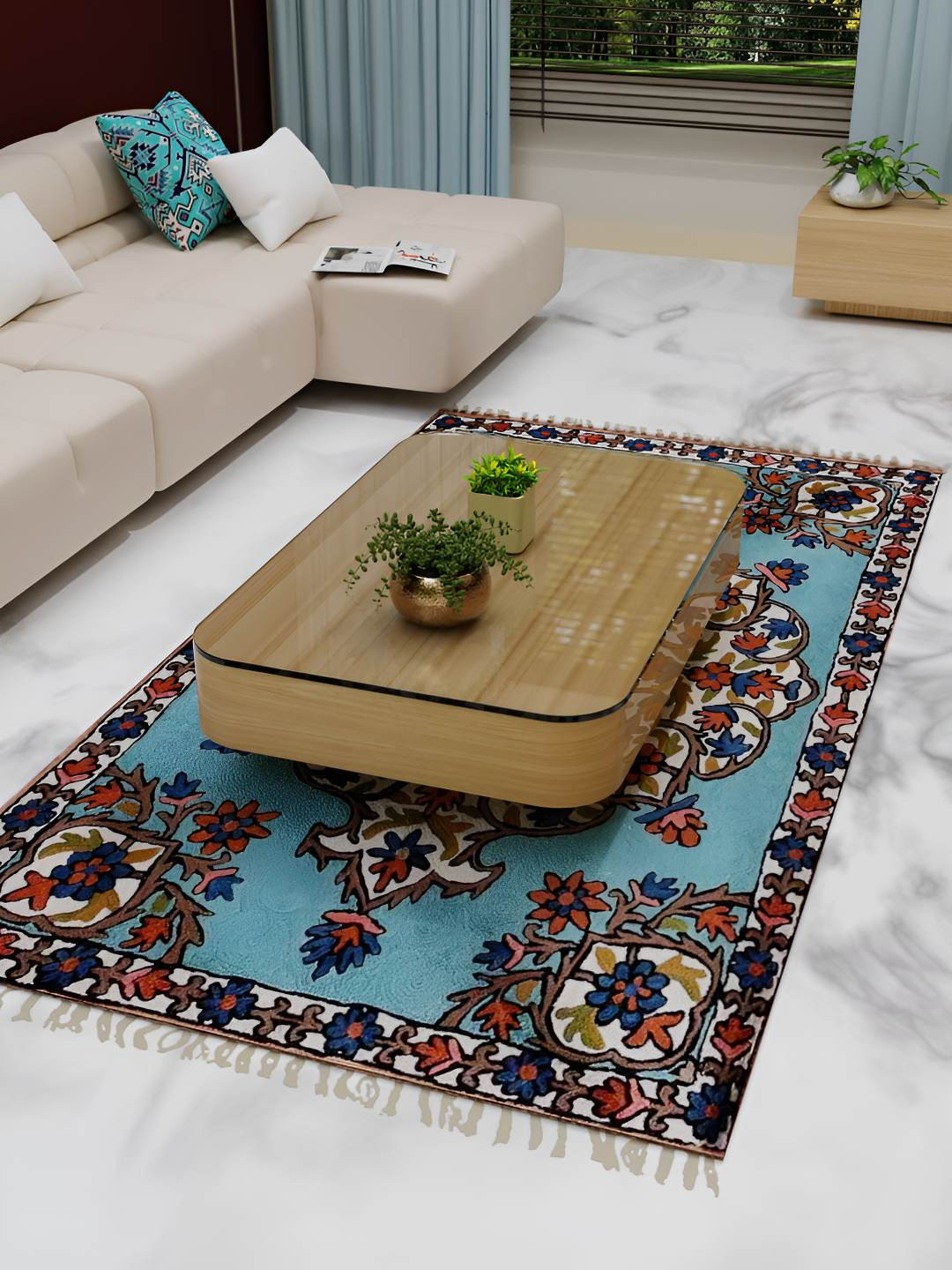

Exotic India Marine Blue Kashmiri Rug with Decorative Chainstitch Aari Embroidered