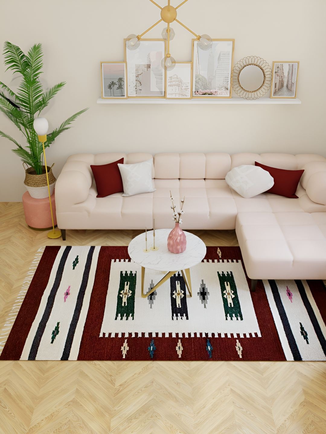 

Exotic India Apple Butter Woven Stripes and Motifs Pure Wool Kilim Dhurrie, White