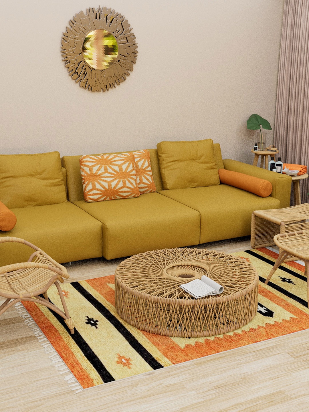 

Exotic India Orange Ochre Woven Motifs Wool Dhurrie