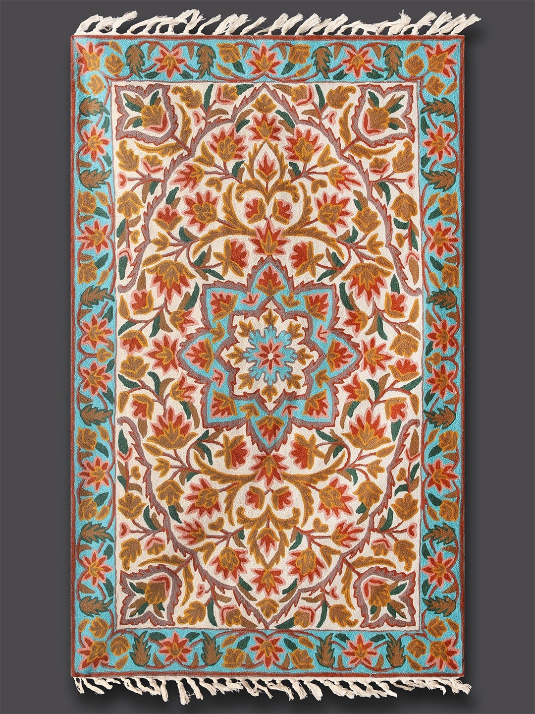 

Exotic India Chainstitched Embroidery Kashmiri Rug with Mughal Motifs, Off white