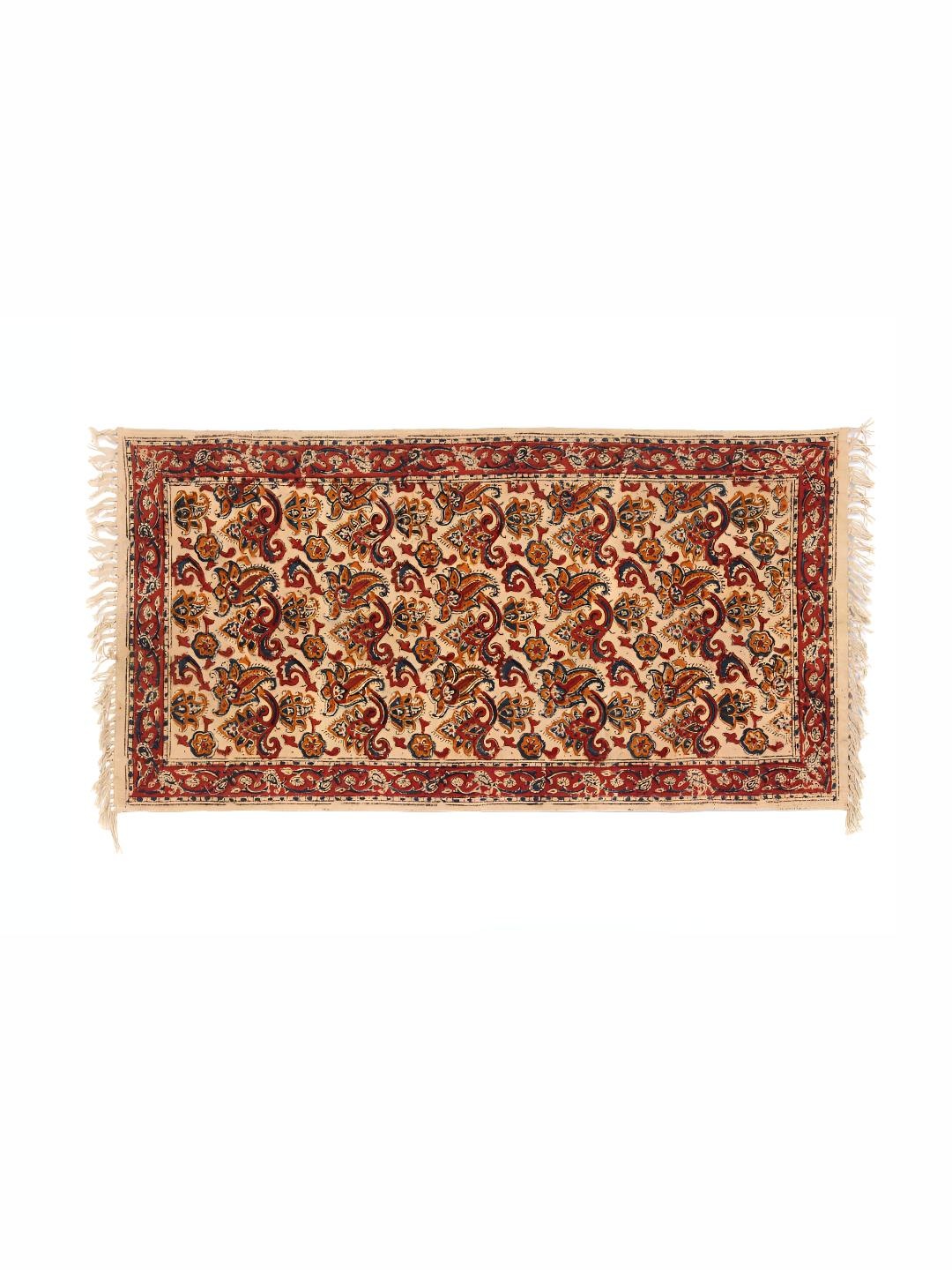 

Exotic India Red Kalamkari Jute Dhurrie with Printed Floral Vines