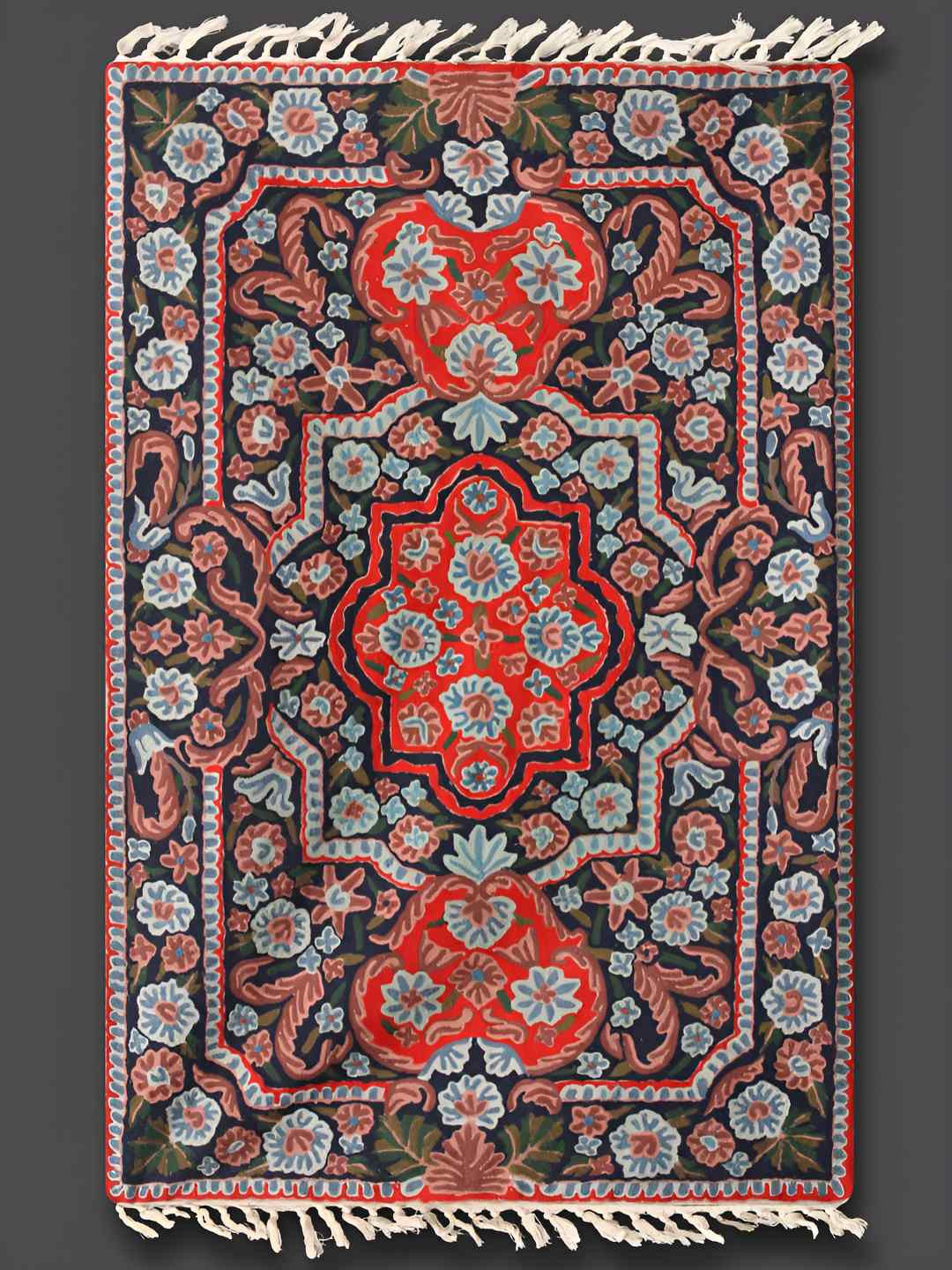 

Exotic India Red and Black Prayer Rug with Wool Thread Hand Embroidered Mughal Motifs