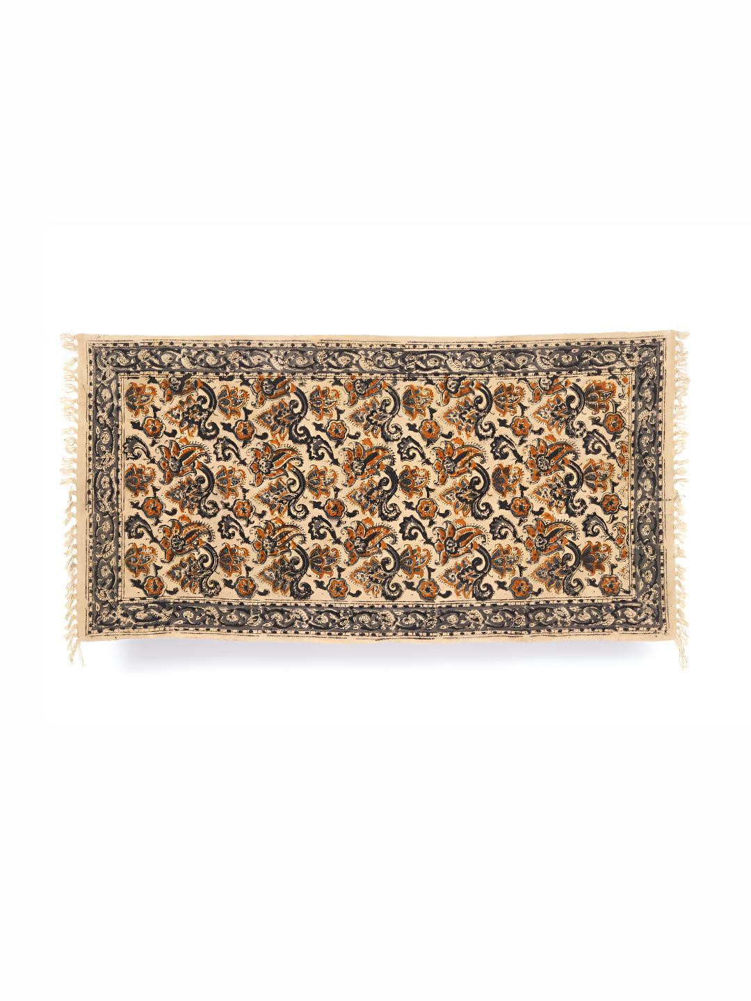 

Exotic India Beige and Grey Kalamkari Jute Dhurrie with Printed Floral Vine
