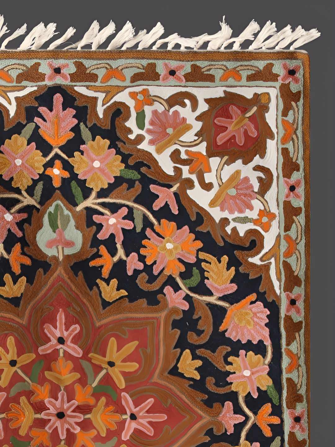 

Exotic India Black and White Rug with Wool Thread Hand Embroidered Multicolor Mughal Motif