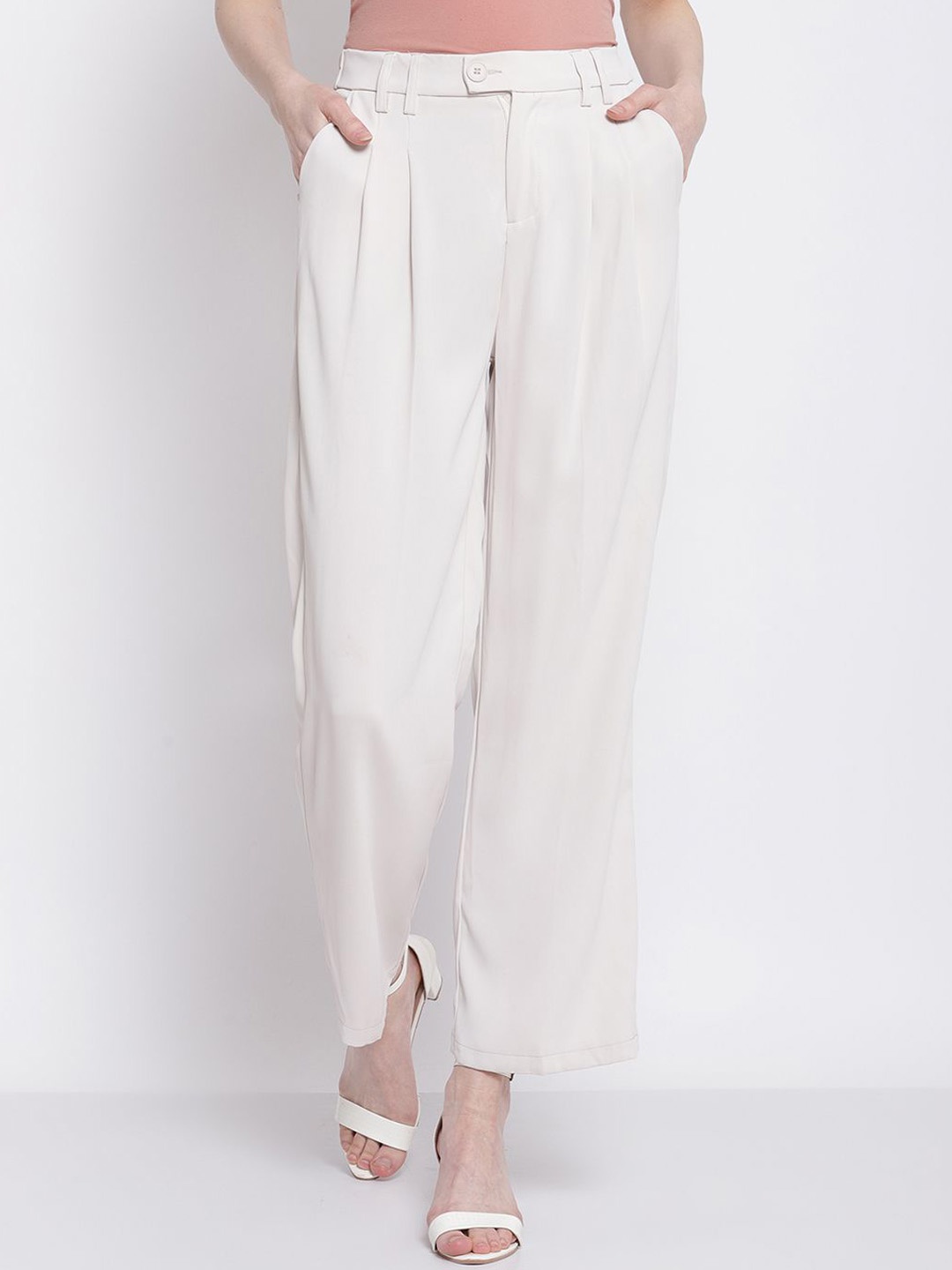 

Global Republic Women Solid Regular Fit Wrinkle Free Pleated Trousers, Beige