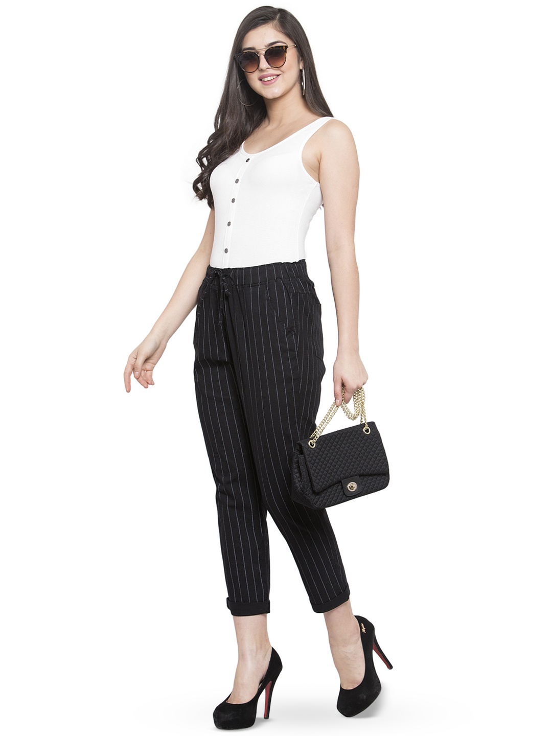 

Global Republic Women Striped Relaxed Straight Leg Wrinkle Free Trousers, Black