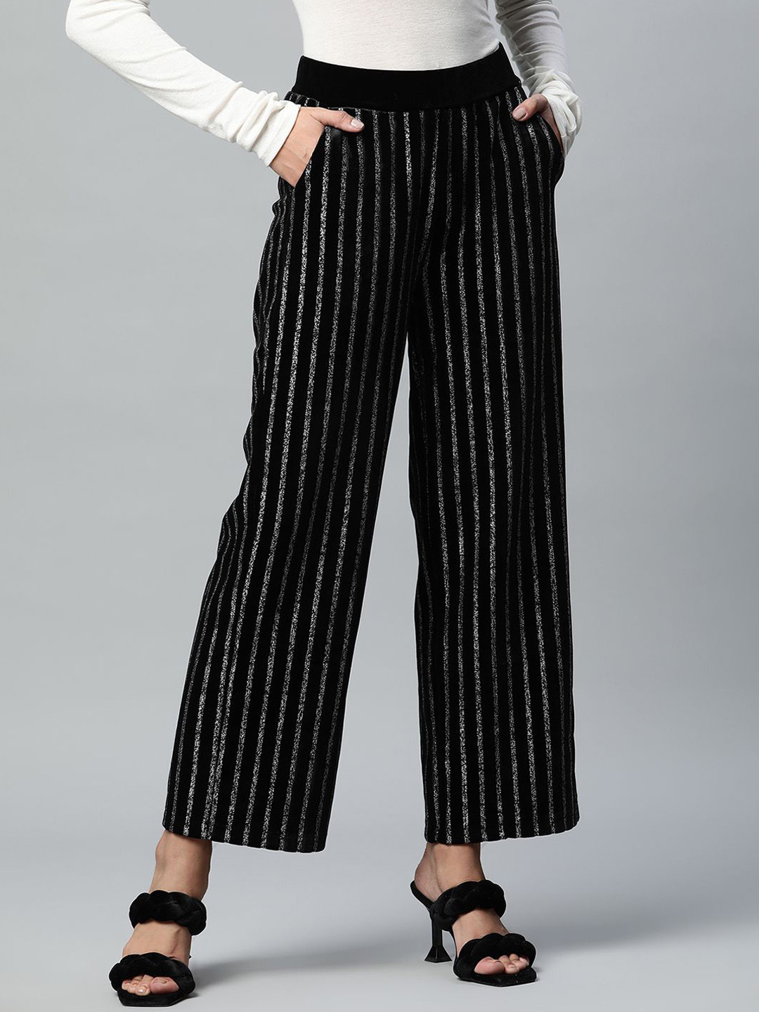 

Global Republic Women Striped Relaxed Straight Leg Wrinkle Free Trousers, Black