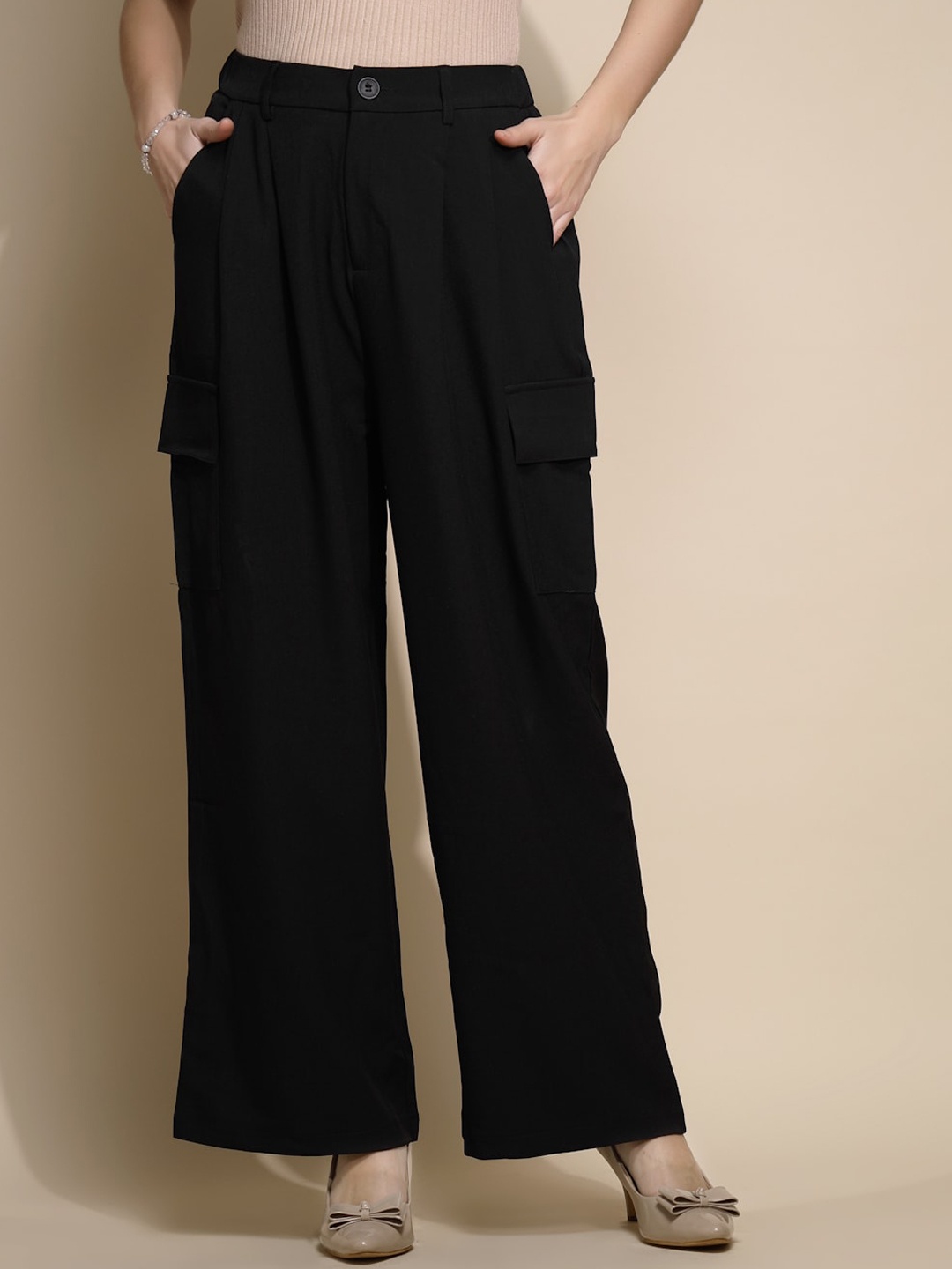 

Global Republic Women Relaxed Straight Leg Wrinkle Free Pleated Trousers, Black