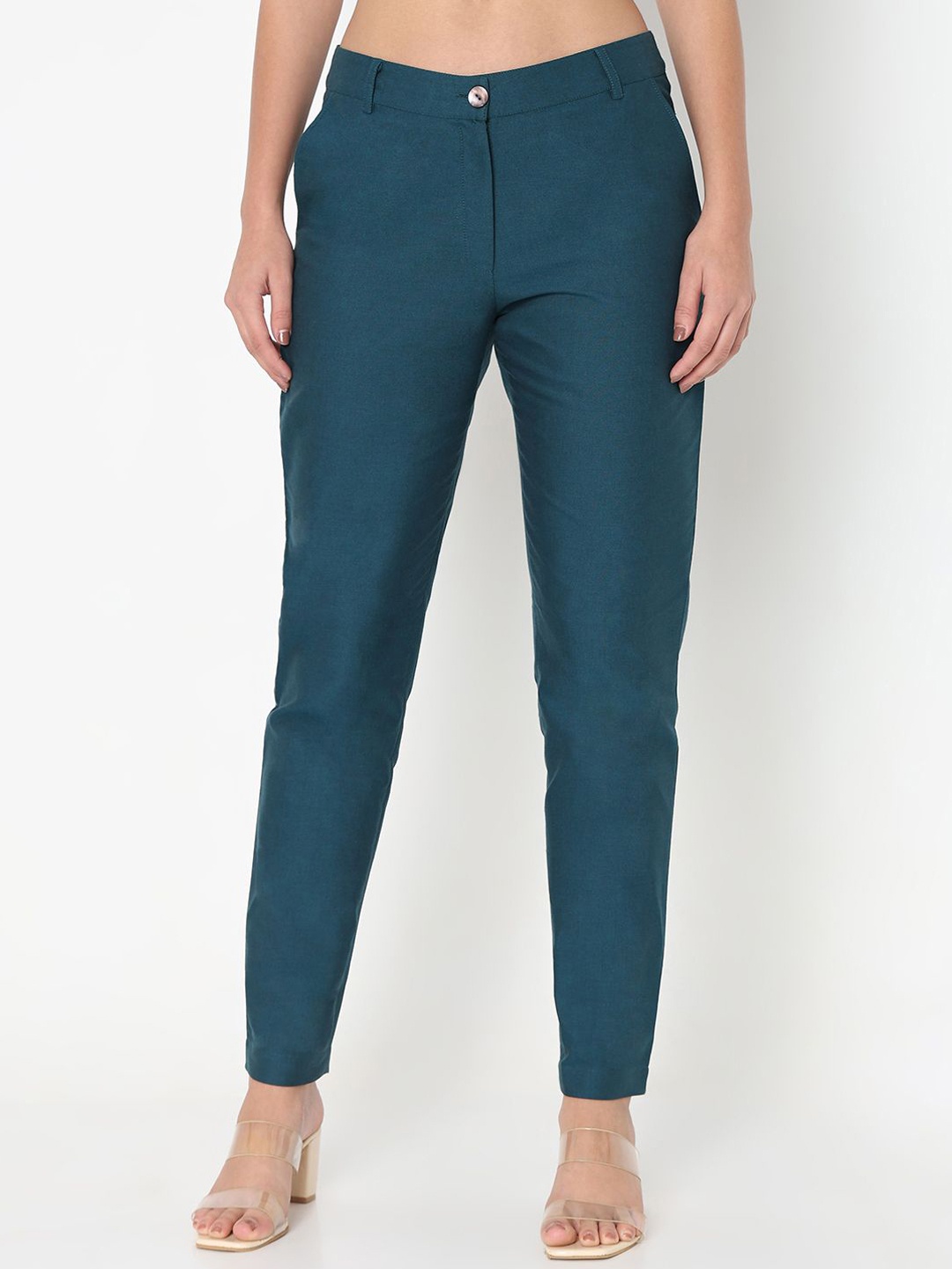 

NOT SO PINK Women Solid Comfort Cigarette Trousers, Teal