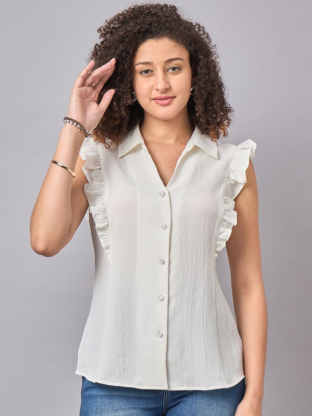 

STYLE BLUSH Crepe Shirt Style Ruffles Top, White