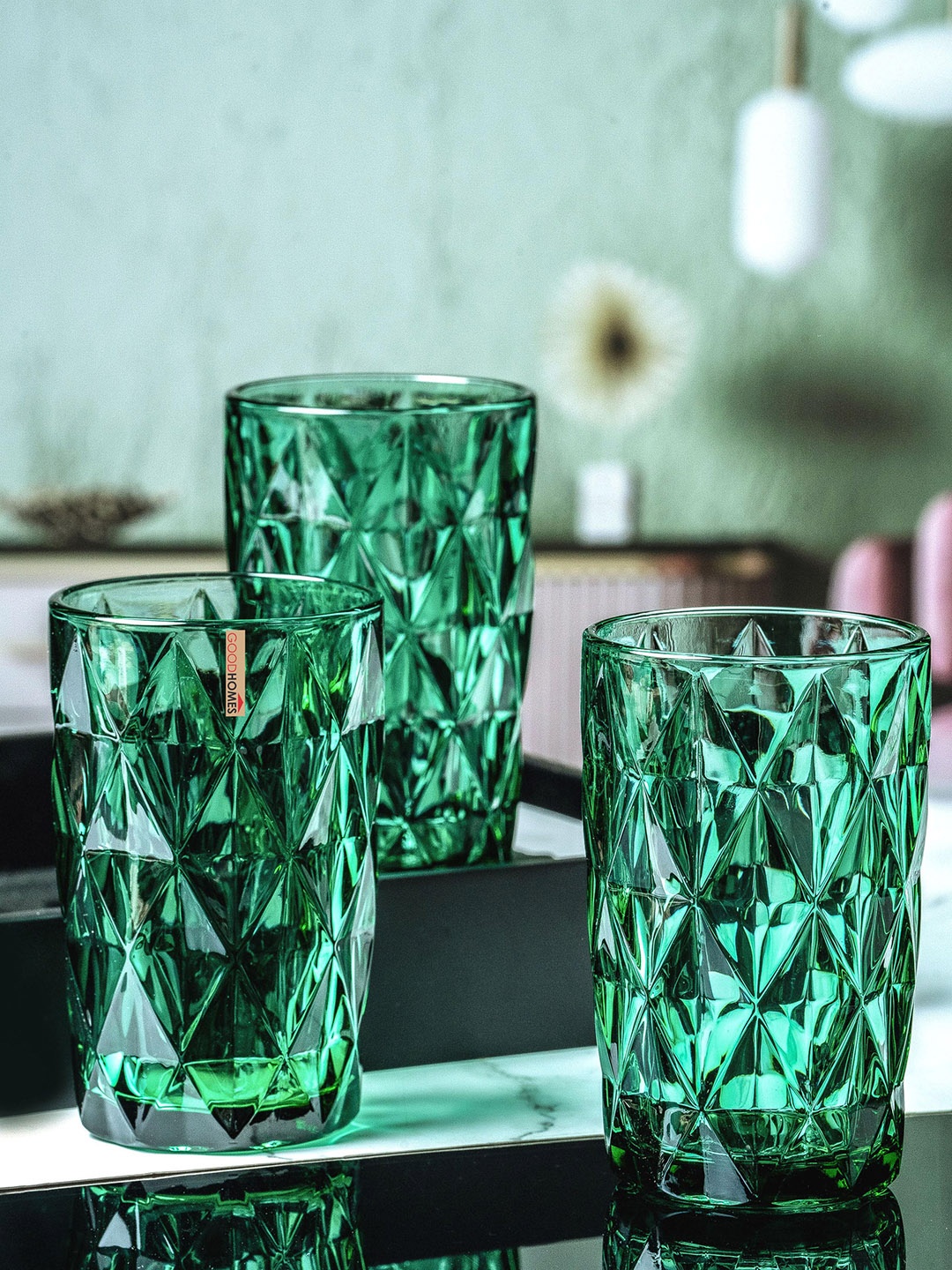 GOODHOMES Color Emboss 6-Pcs Green Water Glasses 400ml Each