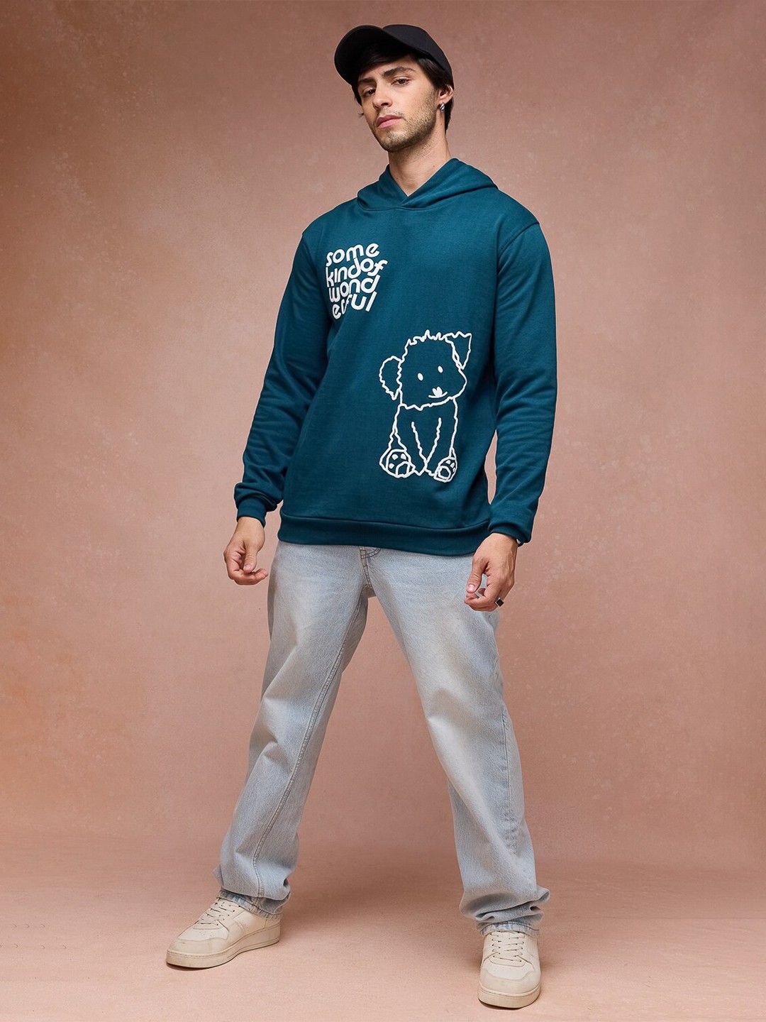 

FREAKINS Men Pure Cotton Printed Hooded Sweatshirt, Teal