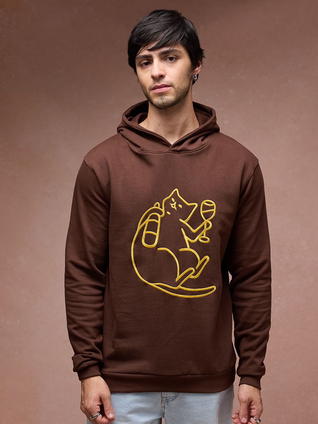 

FREAKINS Men Pure Cotton Graphic Printed Hooded Sweatshirt, Brown