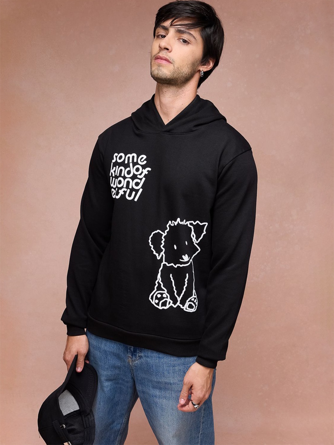 

FREAKINS Men Pure Cotton Graphic Printed Hooded Sweatshirt, Black