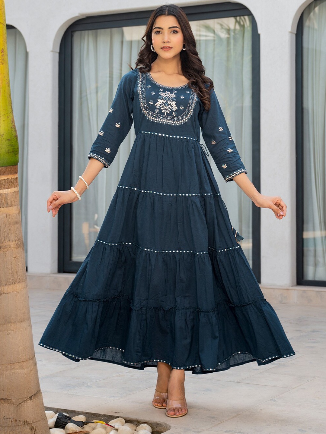 

ARAVALII Floral Embroidered Georgette Fit & Flare Teal Blue Gota Work Maxi Dress For Women