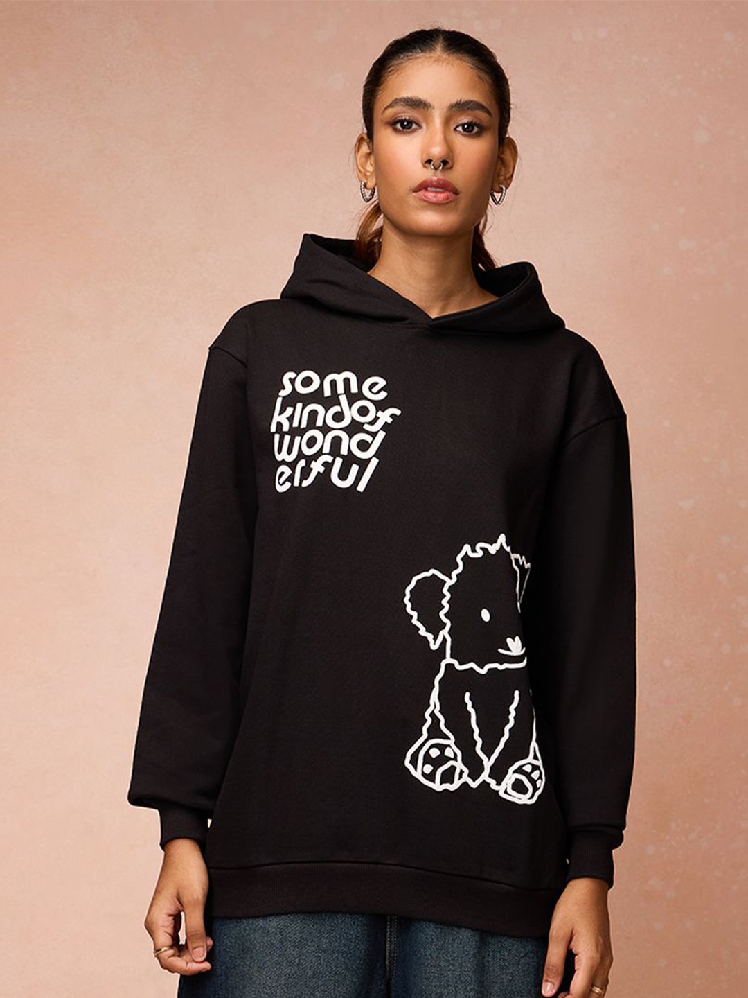 

FREAKINS Women Pure Cotton Graphic Printed Hooded Sweatshirt, Black
