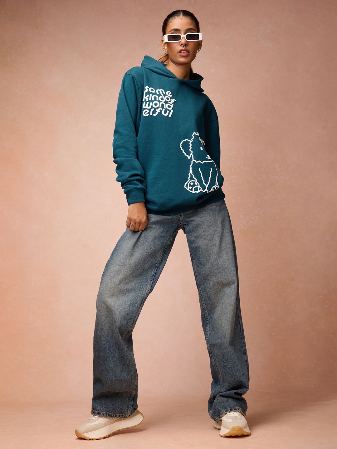 

FREAKINS Women Pure Cotton Graphic Printed Hooded Sweatshirt, Teal