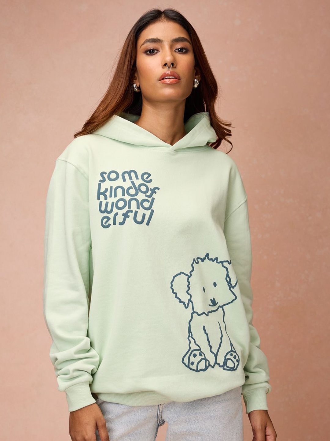 

FREAKINS Women Pure Cotton Typography Printed Hooded Sweatshirt, Green
