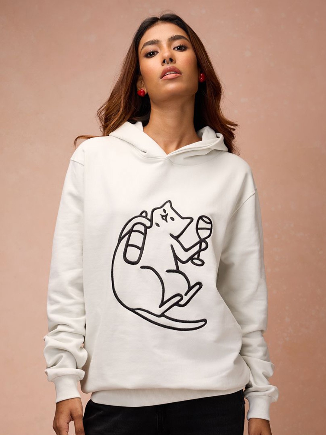 

FREAKINS Women Pure Cotton Graphic Printed Hooded Sweatshirt, White