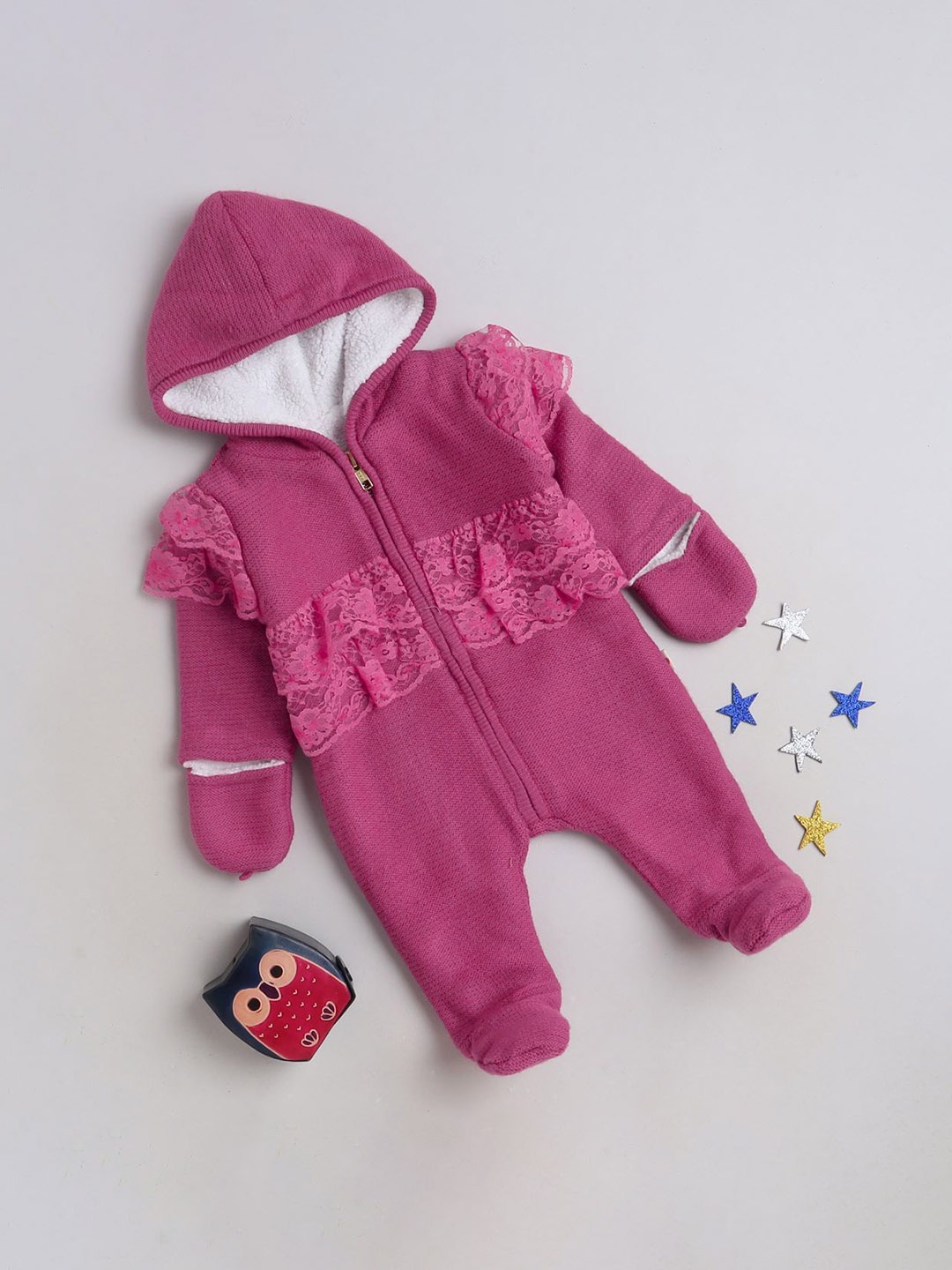 

Yellow Apple Infants Woolen Hooded Sleepsuit, Pink