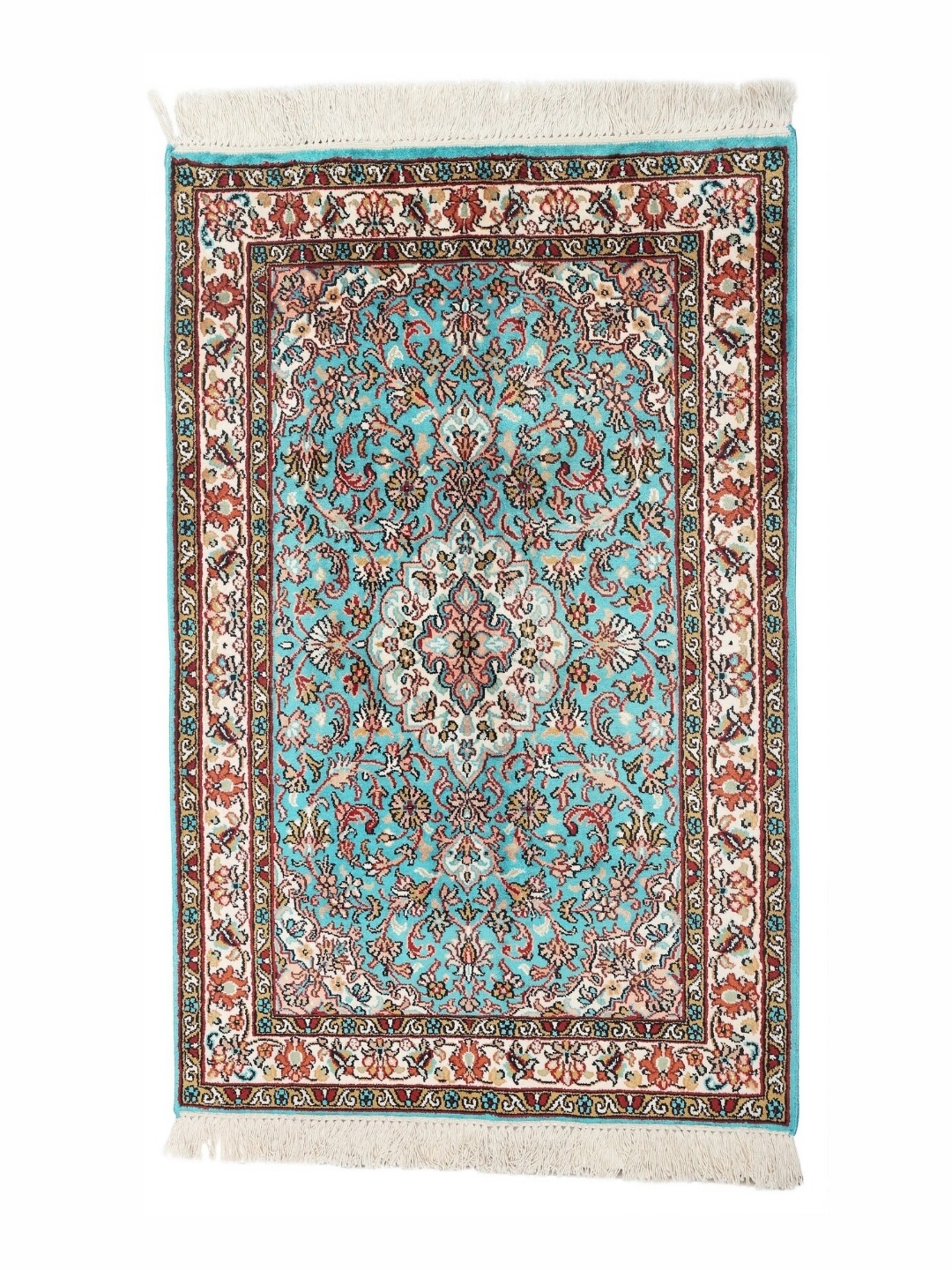 

Exotic India 37" x 25" Turquoise Pure Silk on Silk Superfine Kashmiri Carpet, Turquoise blue
