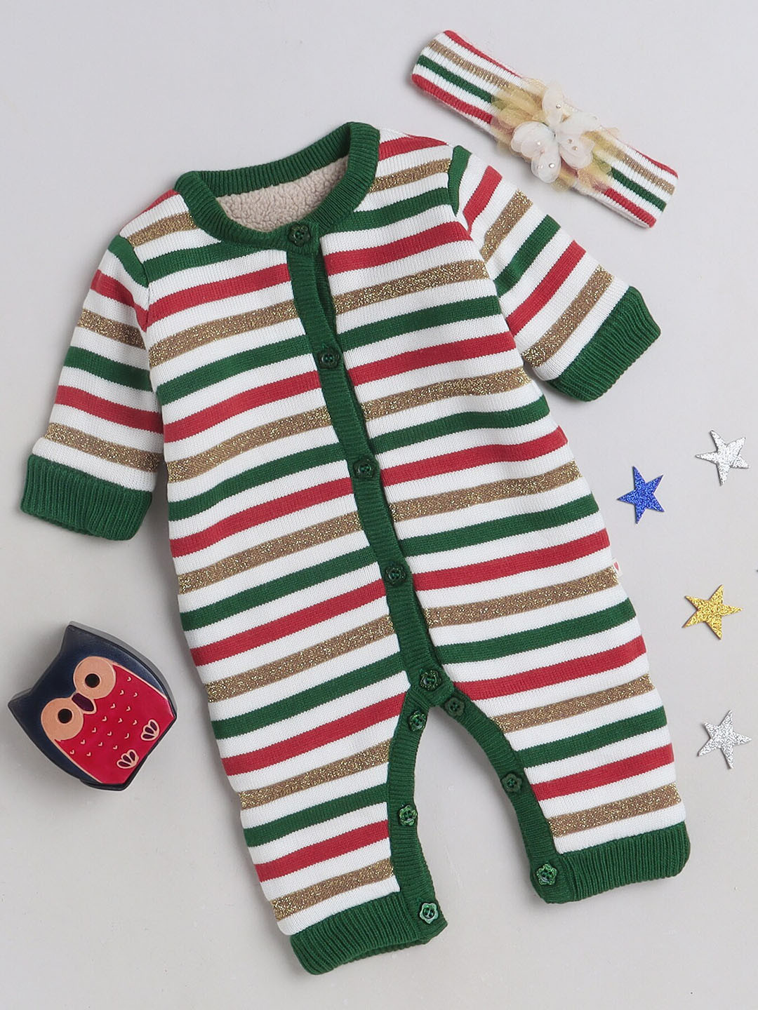 

Yellow Apple Infants Stripes Woolen Romper, White