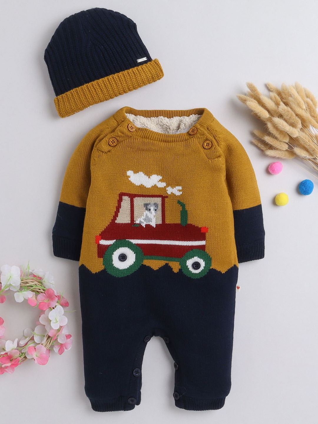 

Yellow Apple Kids Unisex Round Neck Woolen Romper, Mustard