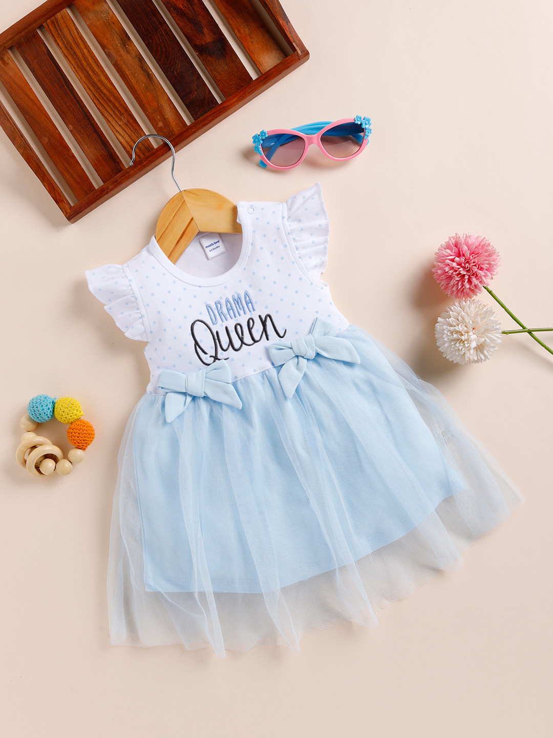 

Moms Love Infant Girls Pure Cotton Embroidered Fit & Flare Dress, Blue
