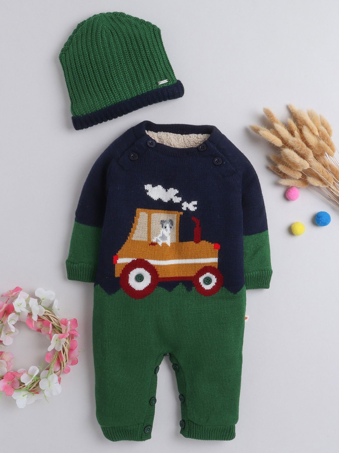 

Yellow Apple Infants Graphic Woolen Romper, Navy blue