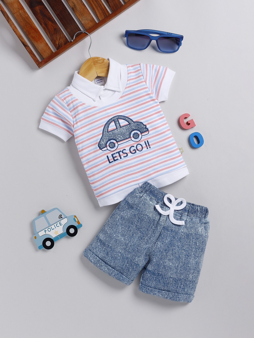 

Moms Love Infant Boys Cotton Striped T-shirt with Printed Shorts, Peach
