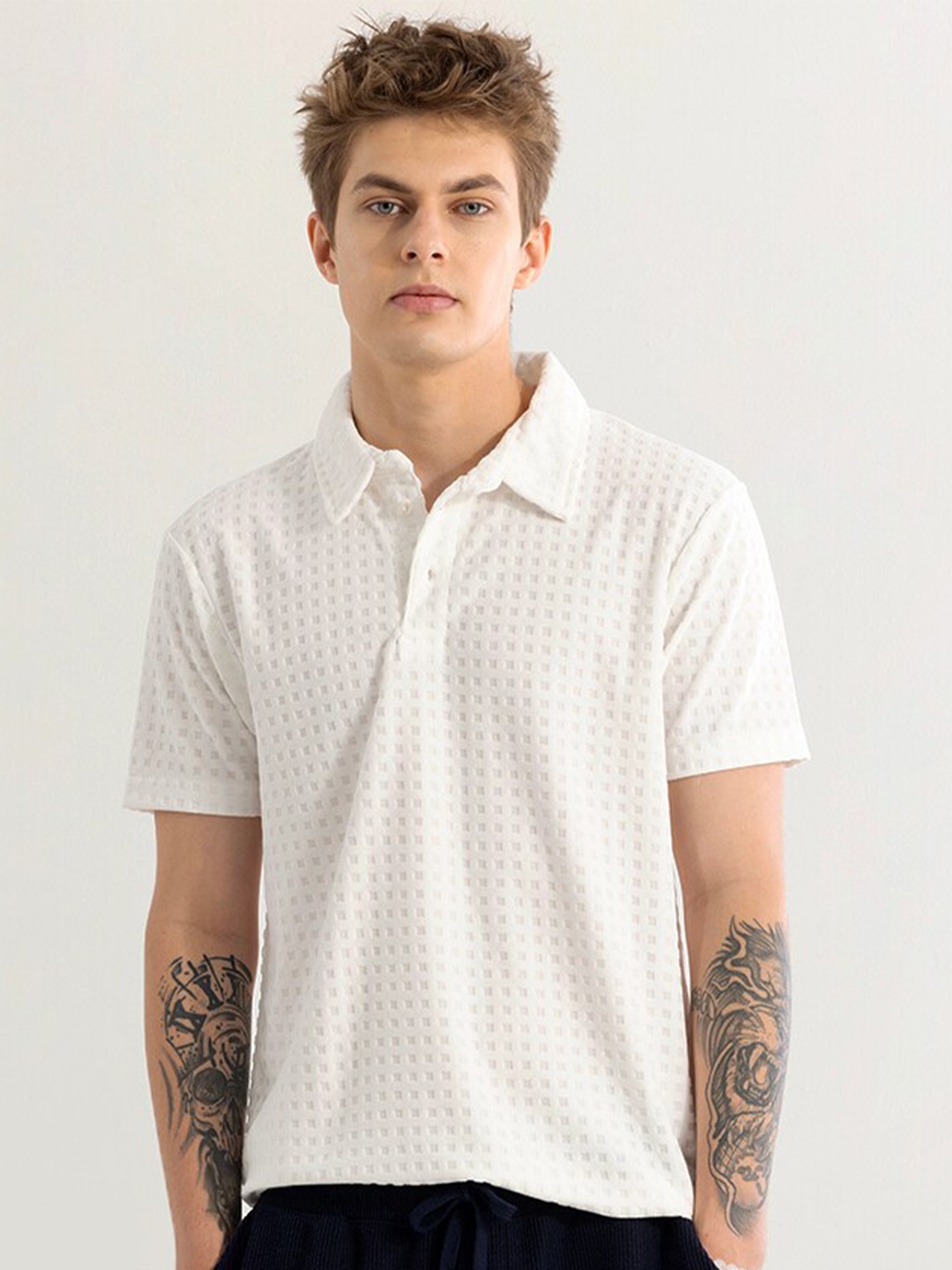 

Snitch Men Self Design Polo Collar T-shirt, White