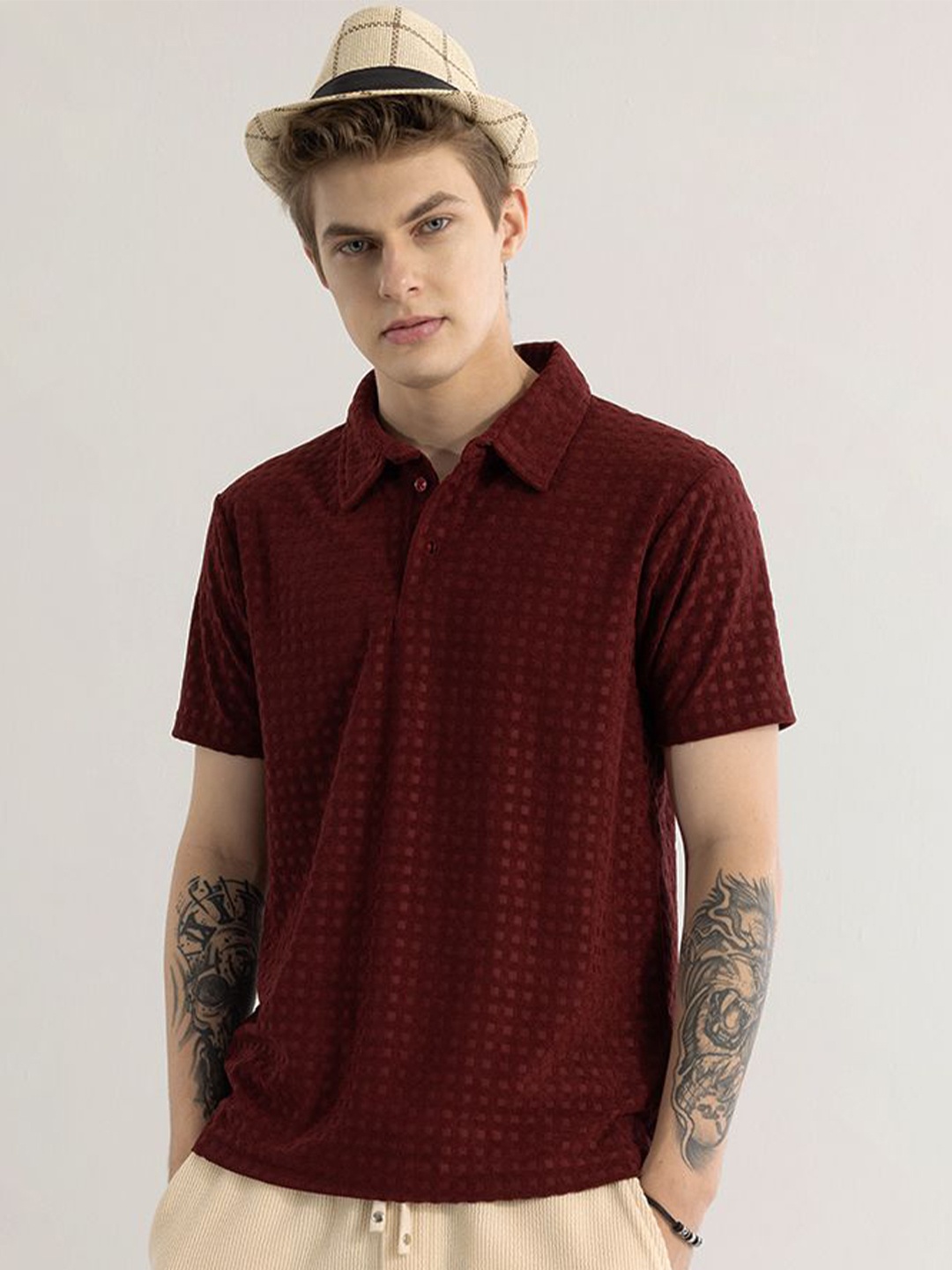 

Snitch Men Self Design Polo Collar T-shirt, Maroon