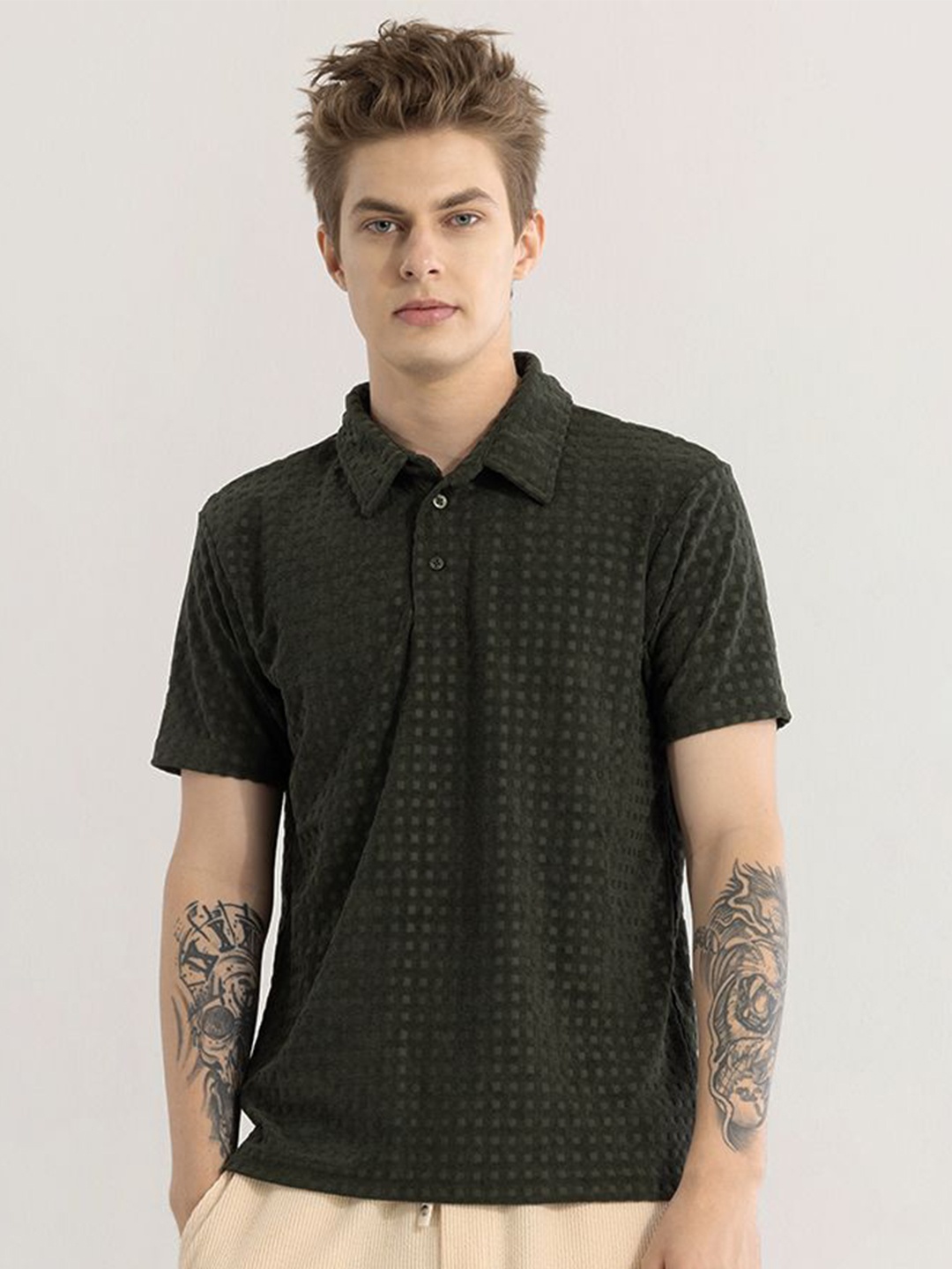 

Snitch Men Self Design Polo Collar T-shirt, Olive