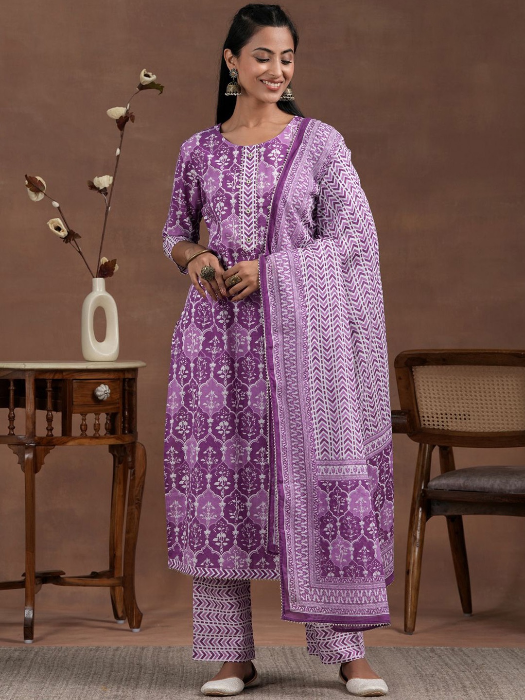

Libas Women Floral Printed Regular Gotta Patti Pure Cotton Kurta with Trousers & Dupatta, Purple