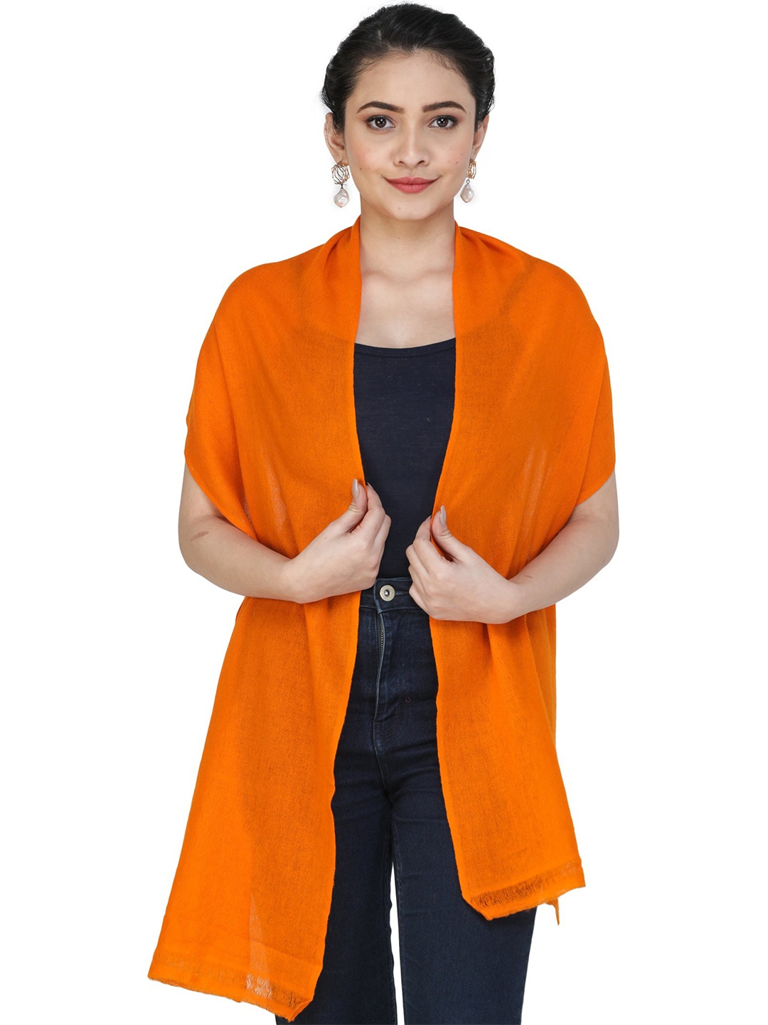 

Exotic India Firecracker Plain Pure Cashmere Woven Scarf, Orange