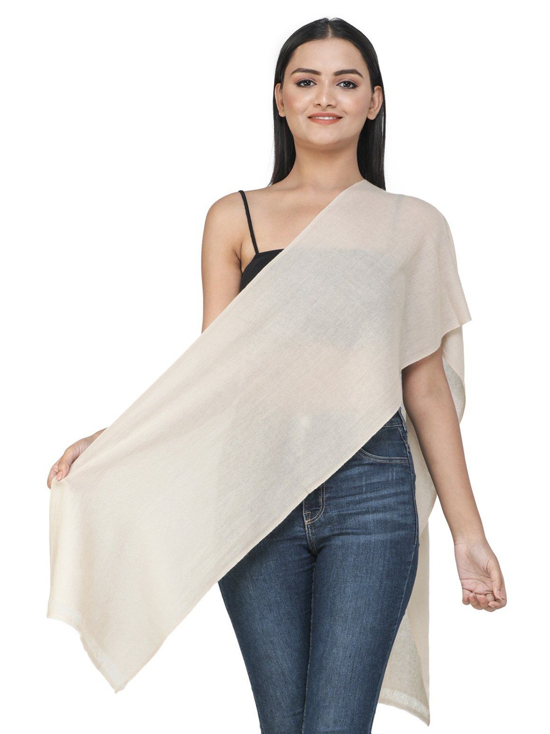 

Exotic India Irish Cream Plain Pure Cashmere Woven Scarf, Off white